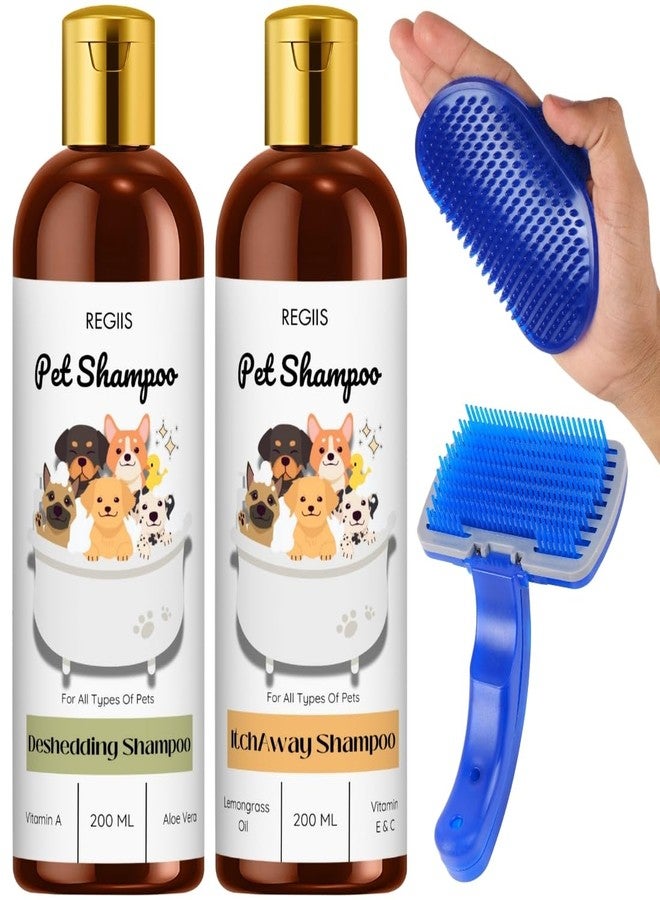 مجموعة شامبو للحيوانات الأليفة، تركيبة لإزالة الشعر الزائد والحكة، 200 مل لكل عبوة، مع فرشاة تنظيف زرقاء لجميع أنواع الحيوانات الأليفة (عبوة من 4 قطع) - Image 1